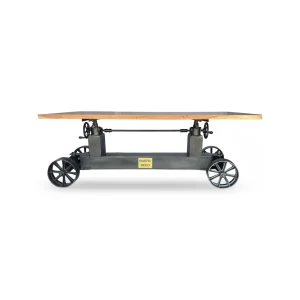 Industrial Trolley Dining Table – Iron Wheels – Adjustable – Natural Top