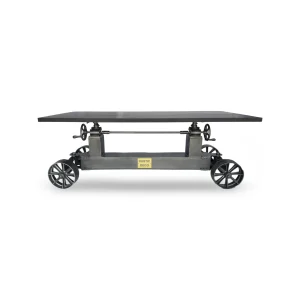 Industrial Trolley Dining Table – Iron Wheels – Adjustable – Ebony Top