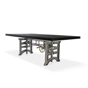 Harvester Industrial Dining Table – Iron Adjustable Base – 8 ft Ebony Rustic