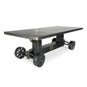 Industrial Trolley Dining Table – Iron Wheels – Adjustable – 8 ft Steel Top