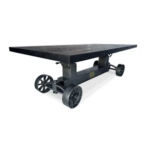 Industrial Trolley Dining Table – Iron Wheels – Adjustable – 8 ft Rustic Ebony