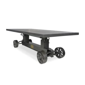 Industrial Trolley Dining Table – Iron Wheels – Adjustable – 8 ft Gray Top