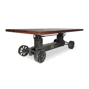 Industrial Trolley Dining Table – Iron Wheels – Adjustable – 8ft Rustic Mahogany