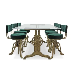 Frederick Adjustable Height Gold Dining Table Set – Velvet Seats – Glass Top