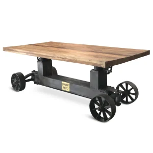 Industrial Trolley Dining Table – Iron Wheels Adjustable Crank – Natural Rustic