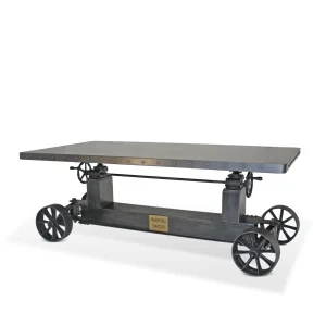 Industrial Trolley Dining Table – Iron Wheels – Adjustable Crank – Steel Top