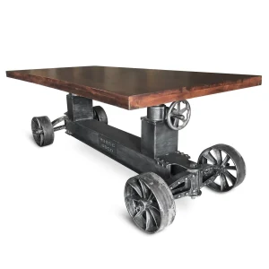Industrial Trolley Dining Table – Iron Wheels Adjustable Height – Walnut