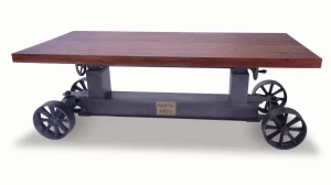 Industrial Trolley Dining Table – Iron Wheels – Adjustable – Provincial Top
