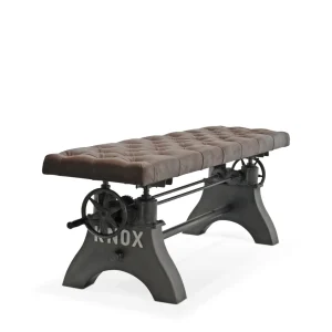 KNOX Adjustable Bench Dining to Bar Height – Steel Base – Brown Leather Seat