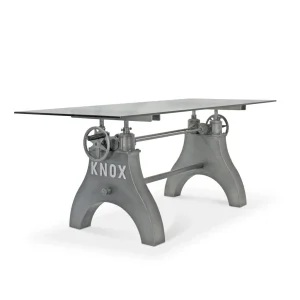 KNOX Industrial Writing Table Desk – Adjustable Height Steel Base – Glass Top