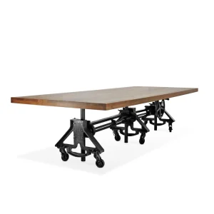 Otis Steel Communal Table – Adjustable – Iron Base – Casters – Natural Top