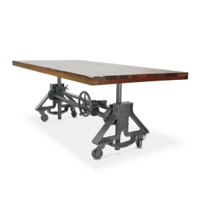 Otis Steel Dining Table – Adjustable Height – Casters – Rustic Natural