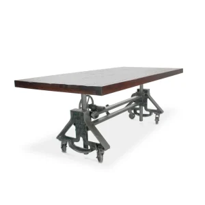 Otis Steel Dining Table – Adjustable Iron Base – Casters – Rustic Mahogany