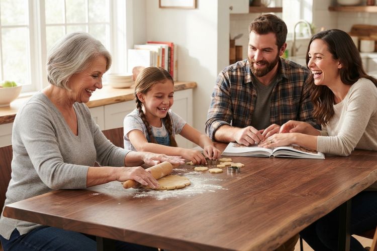 Family baking cookies at a rustic wooden dining table