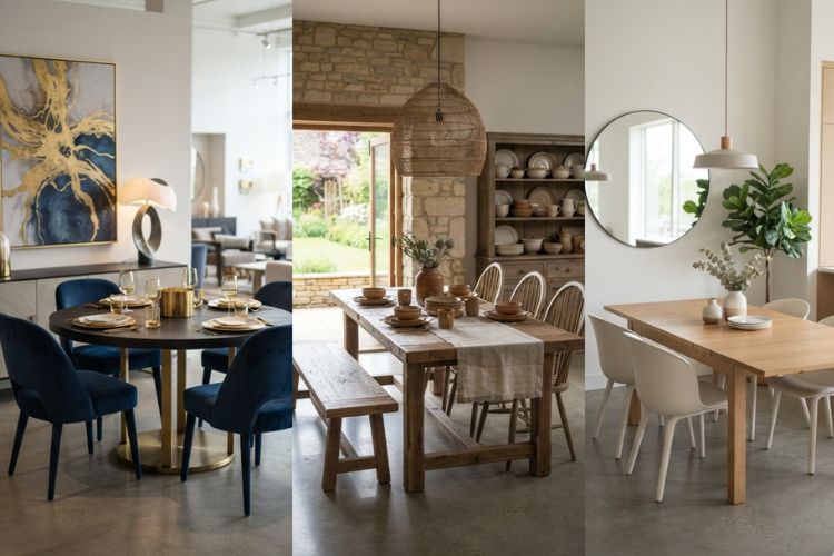 Three distinct dining room styles side-by-side